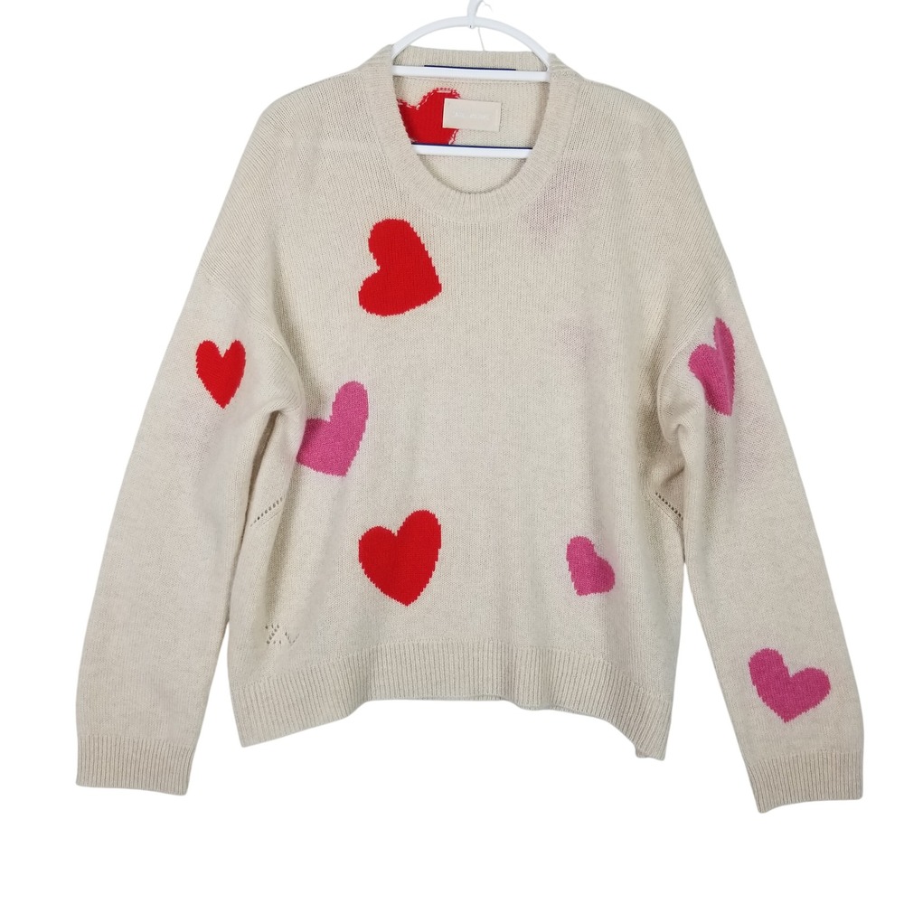 Zadig & Voltaire Markus Cashmere Sweater Womens M Cream Heart Print Intarsia